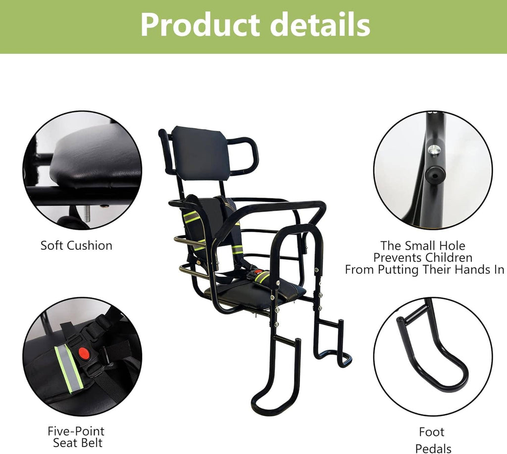 Rear child bike seat details: soft cushion, five-point seat belt and foot pedals