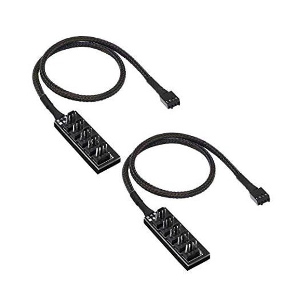Black 4-pin PWM fan hub splitter cable with two braided leads and 4-pin headers