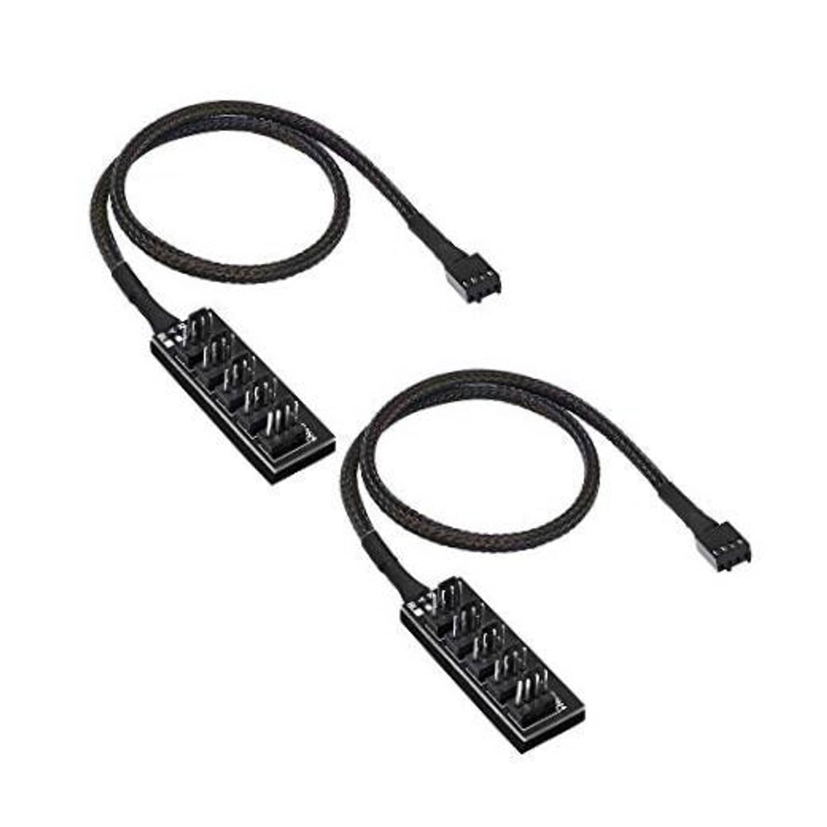 Black 4-pin PWM fan hub splitter cable with two braided leads and 4-pin headers
