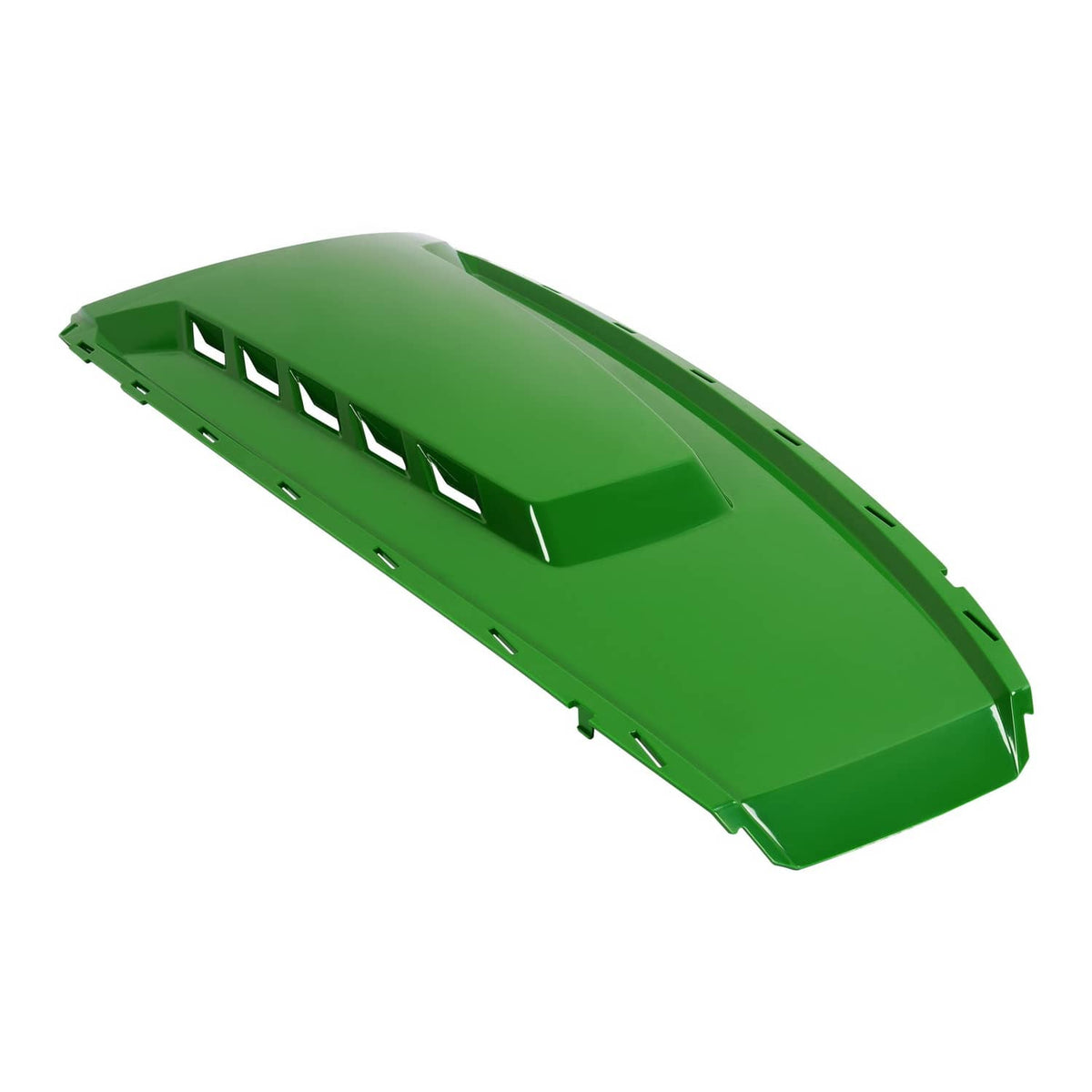 Green vented tractor hood panel with slotted openings and raised center section