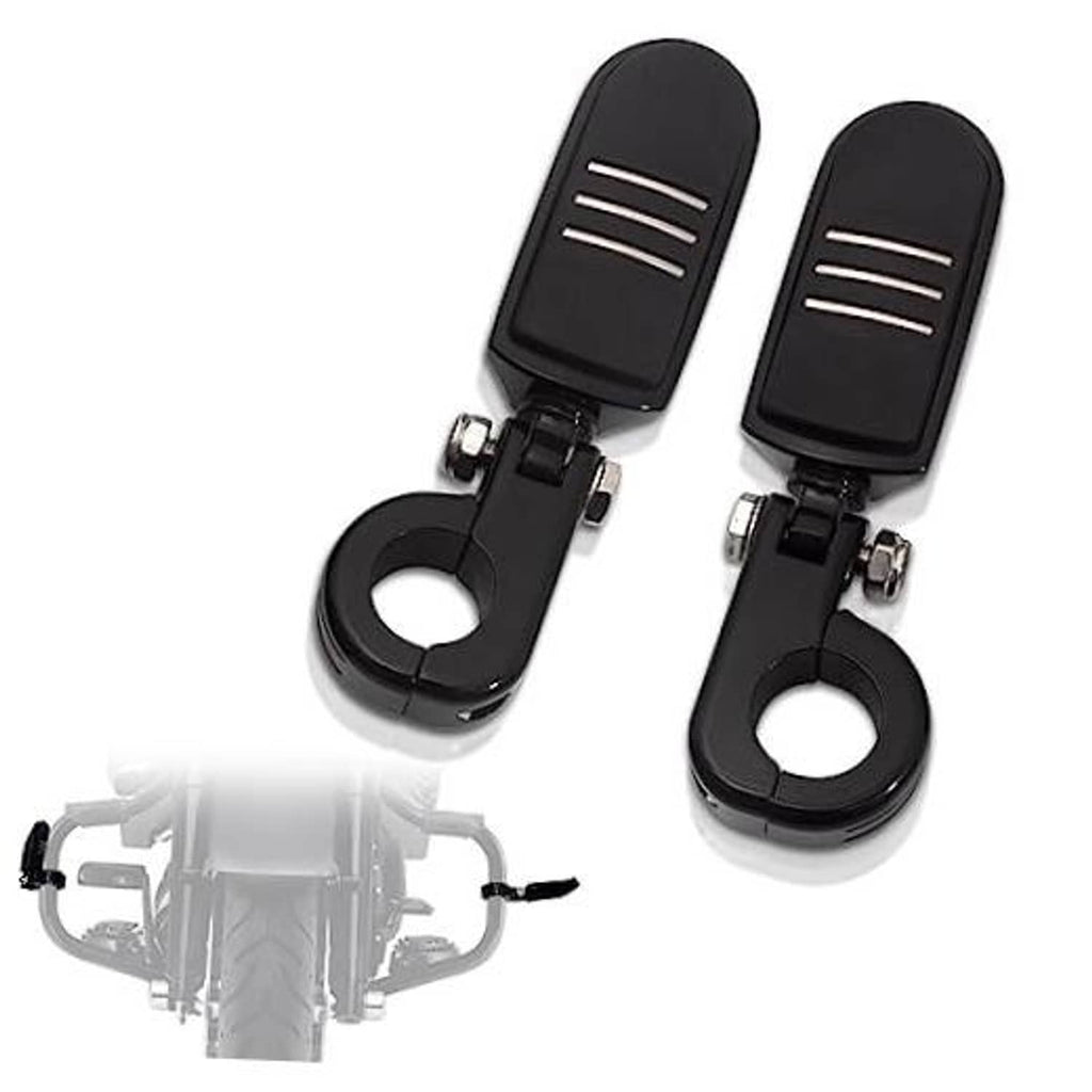Gloss black adjustable highway footpegs with P-clamp mounting and ridged pads