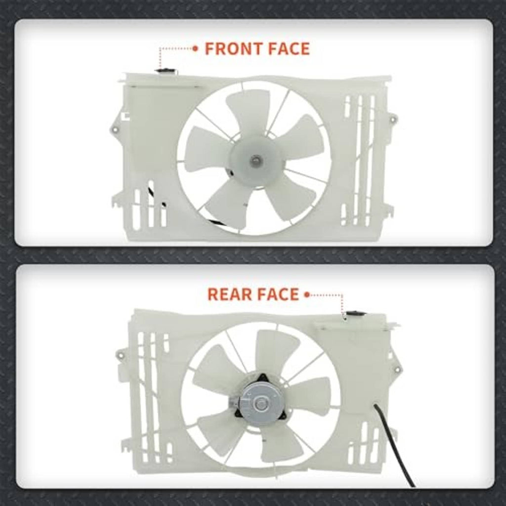 Radiator cooling fan replacement front and rear views with white fan blades and frame