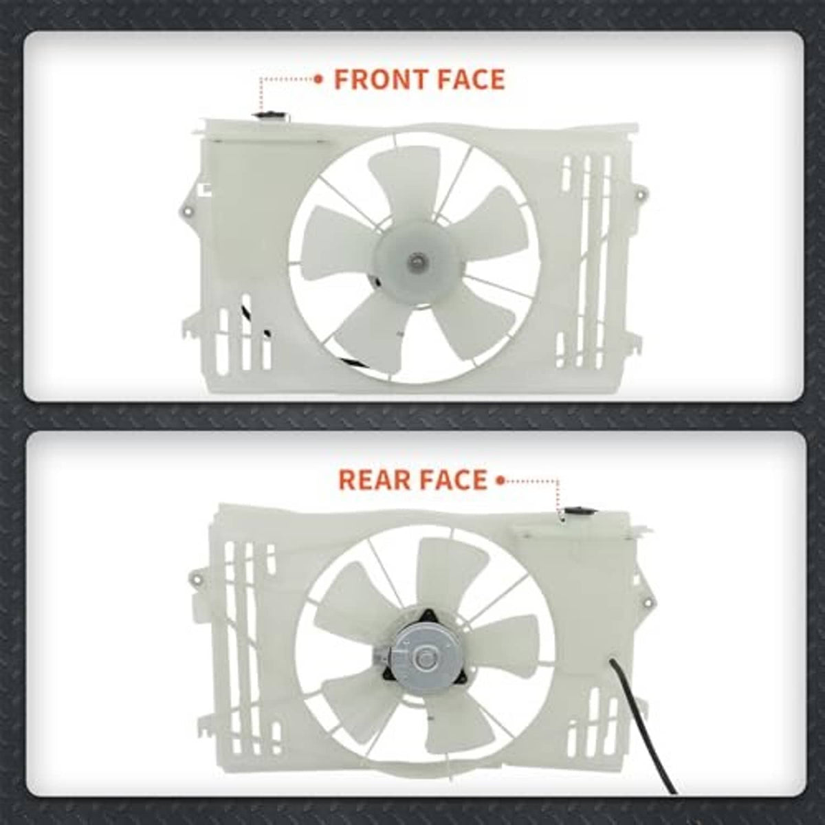 Radiator cooling fan replacement front and rear views with white fan blades and frame