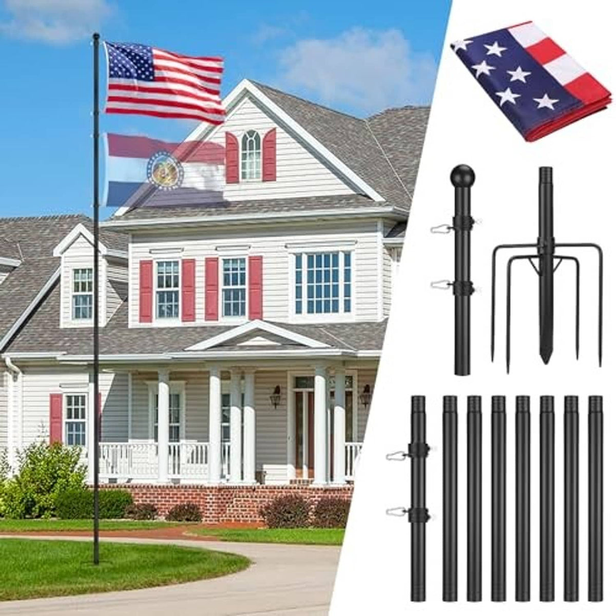 Black flag pole and in-ground stake kit with American flag and mounting rings