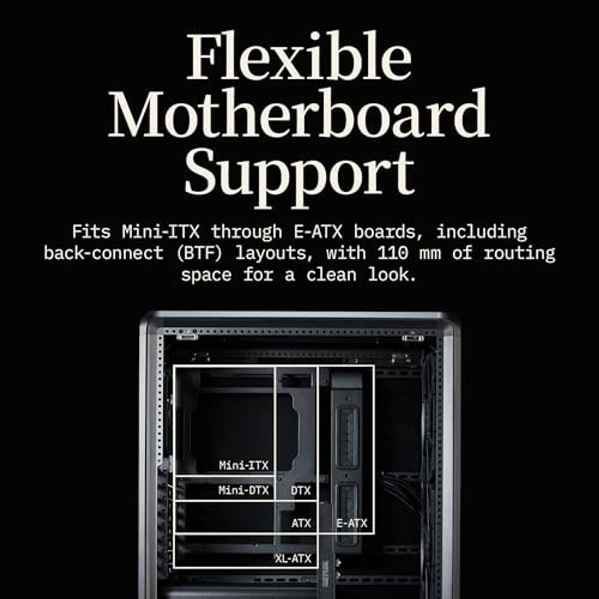 Black ATX mid-tower PC case interior with motherboard support expansion positions