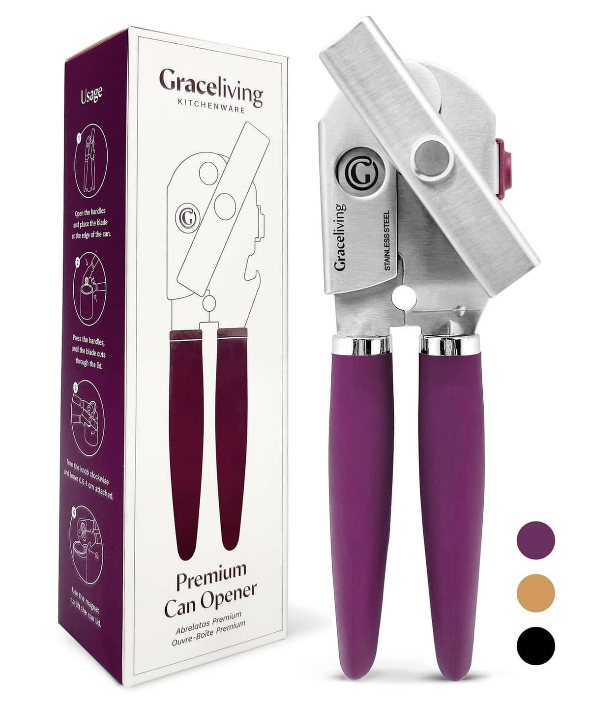 Manual can opener with mauve handles and stainless steel head, magnetic lid lifter