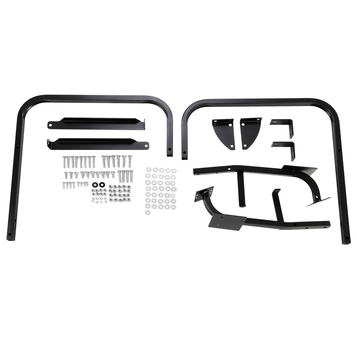 Seat kit parts layout with black frame pieces, brackets, and bagged hardware