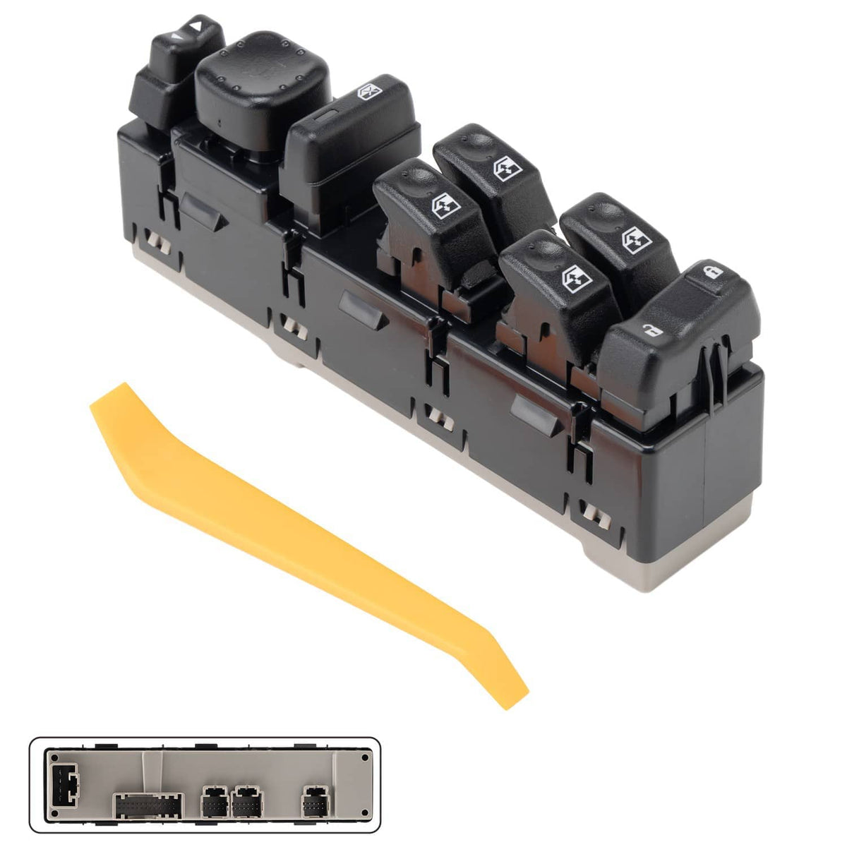 Black power window master switch with multiple rocker switches and mounting clips on base.