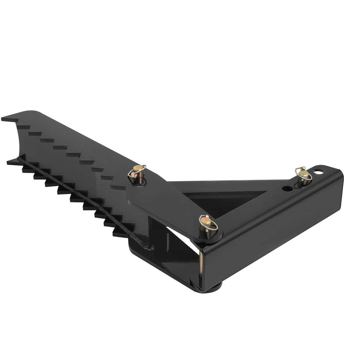 Black excavator thumb claw attachment with serrated teeth and center hinge mount