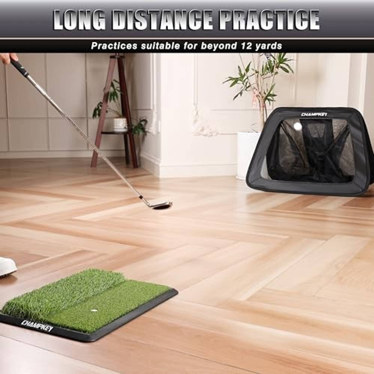 Double-sided golf chipping net with green turf practice mat and black frame