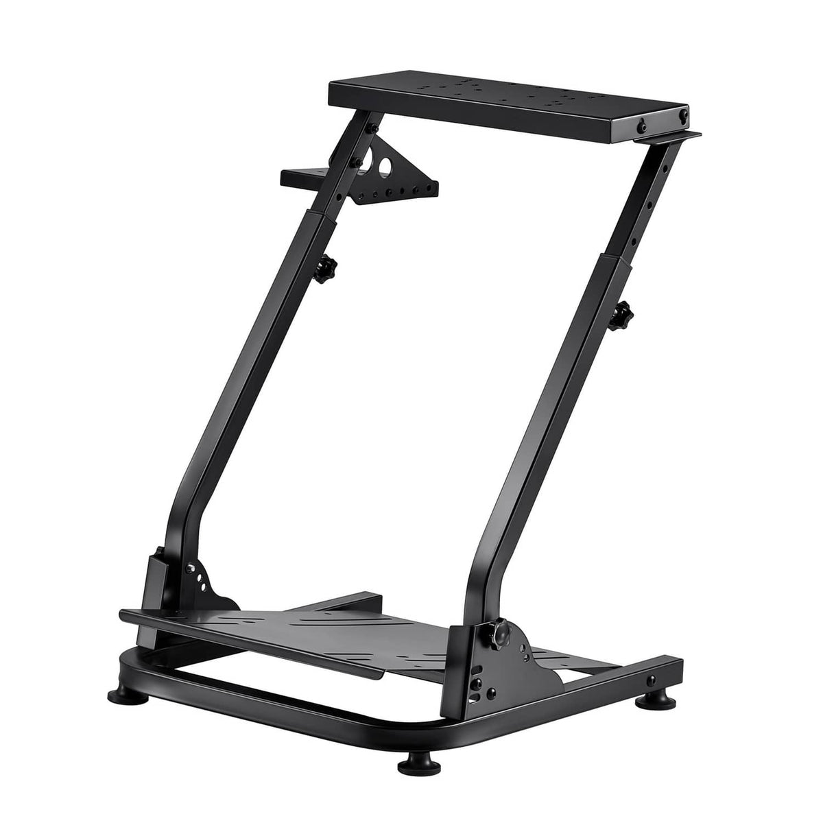 Foldable racing wheel stand frame with front pedal platform and suction-style feet