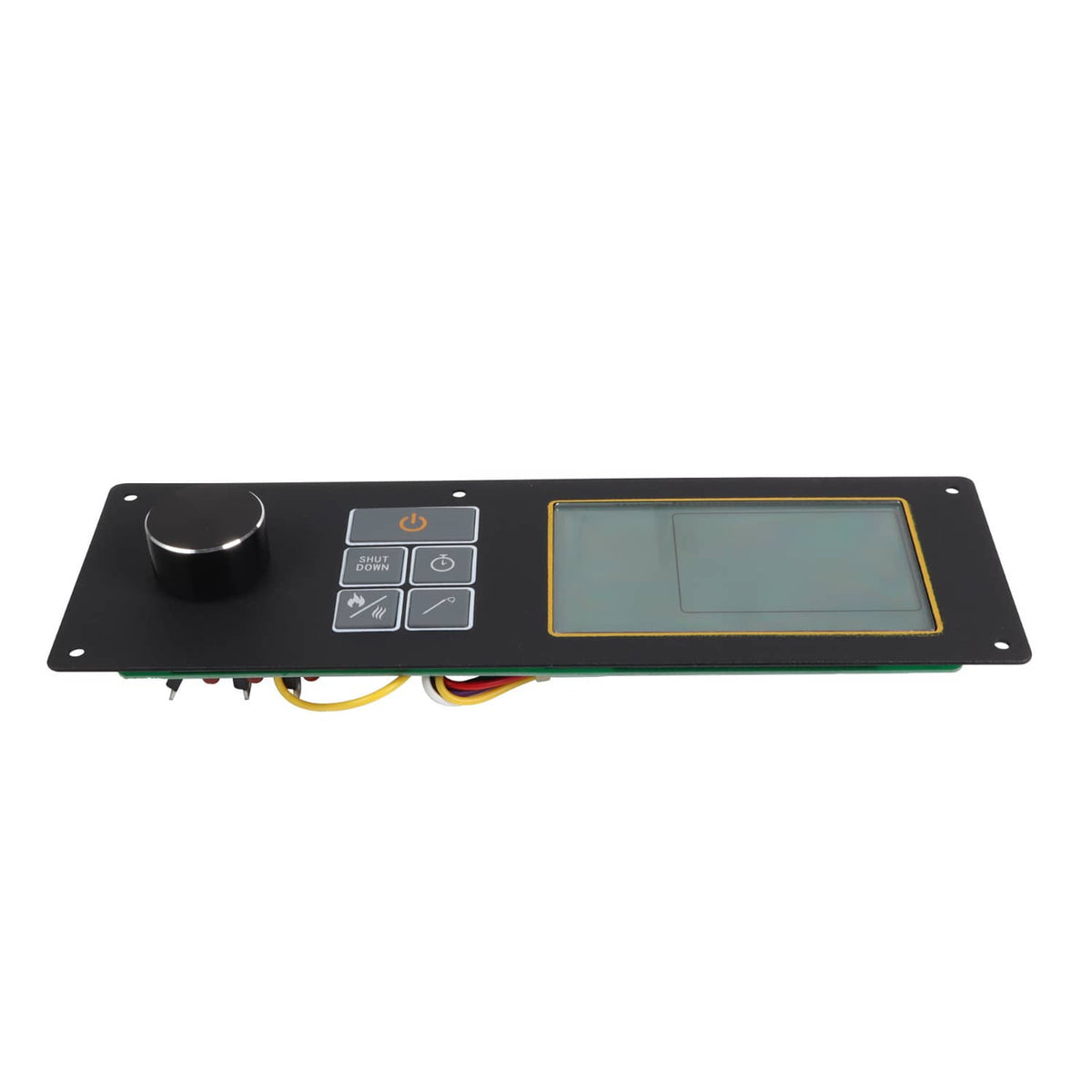 Pellet grill control board with black panel, LCD screen, buttons, and control knob