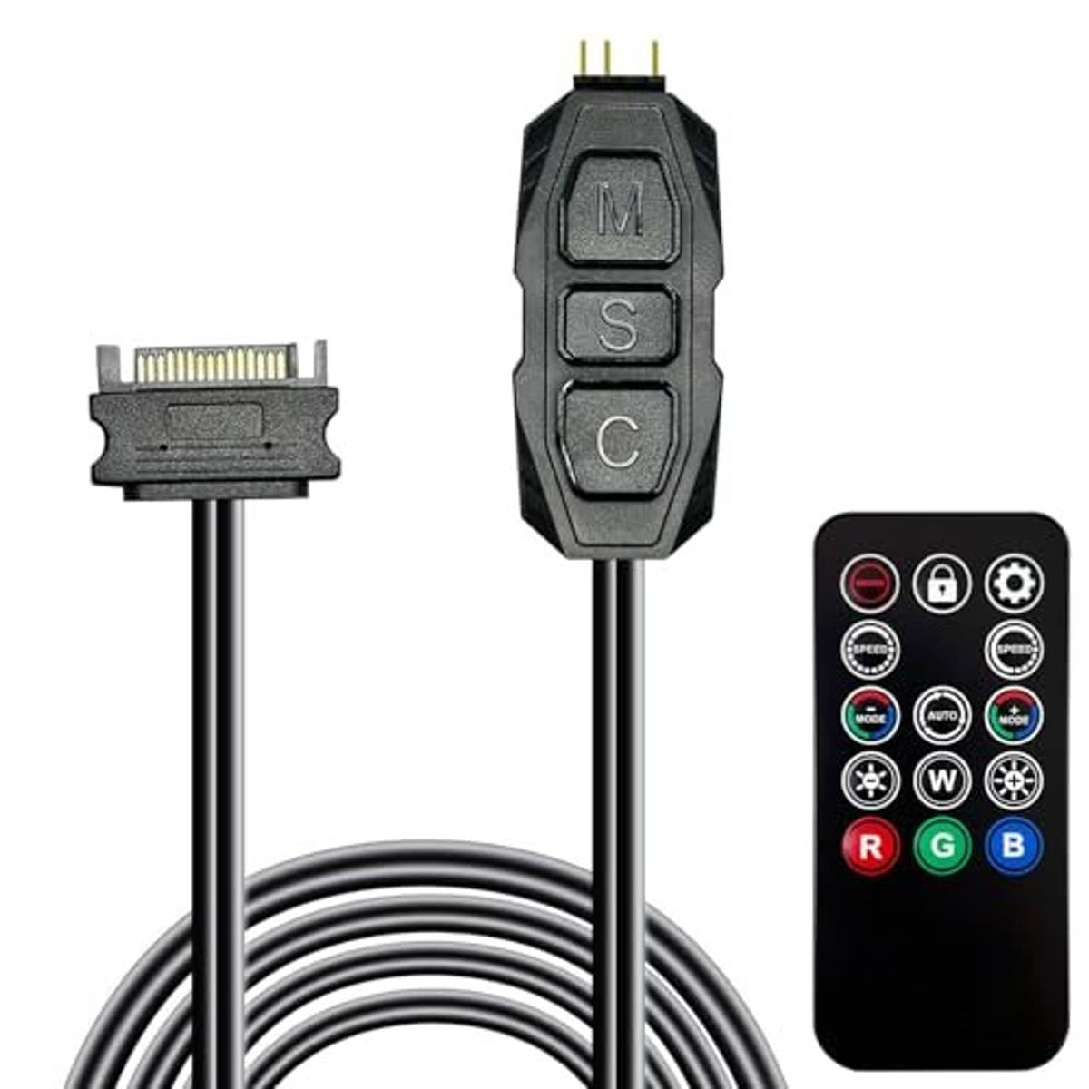 ARGB fan controller splitter with two black cables, SATA plug, and black remote