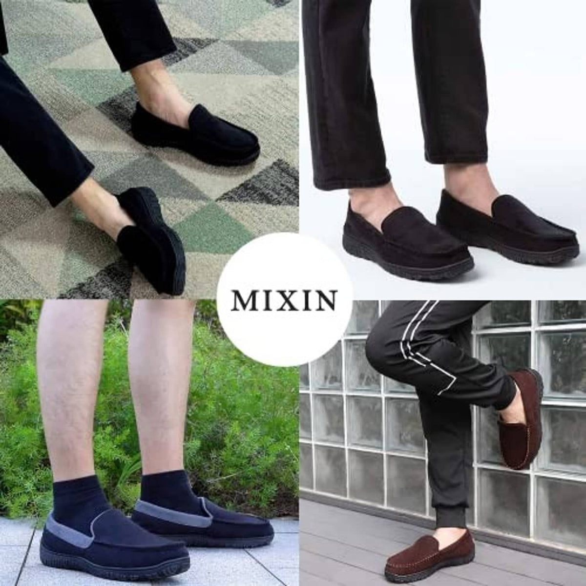 Black moccasin house slippers with gray trim, worn by person
