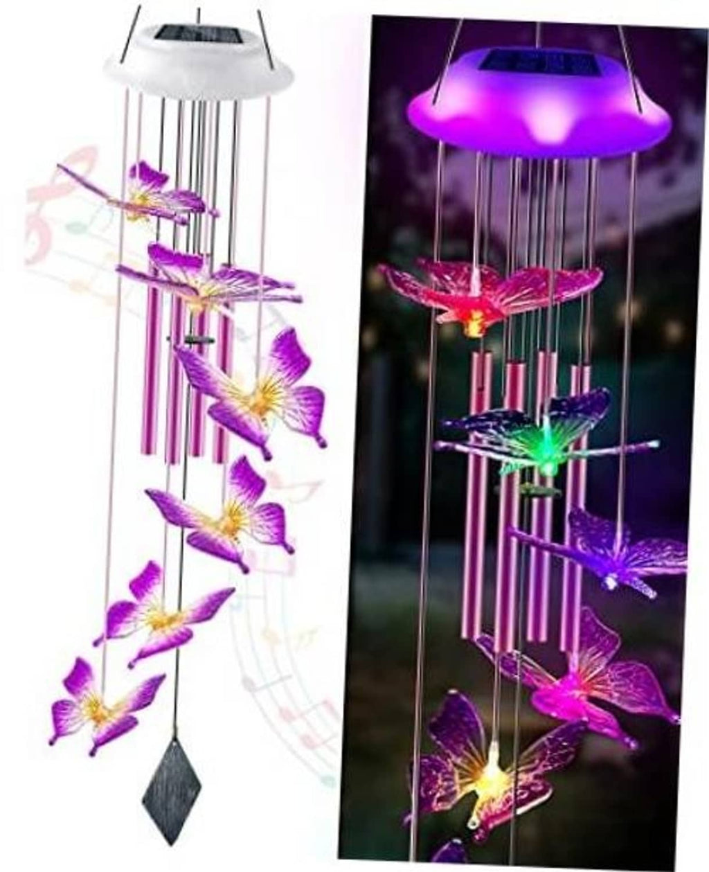 Purple glowing butterfly solar wind chime with multicolor light tubes and diamond weight