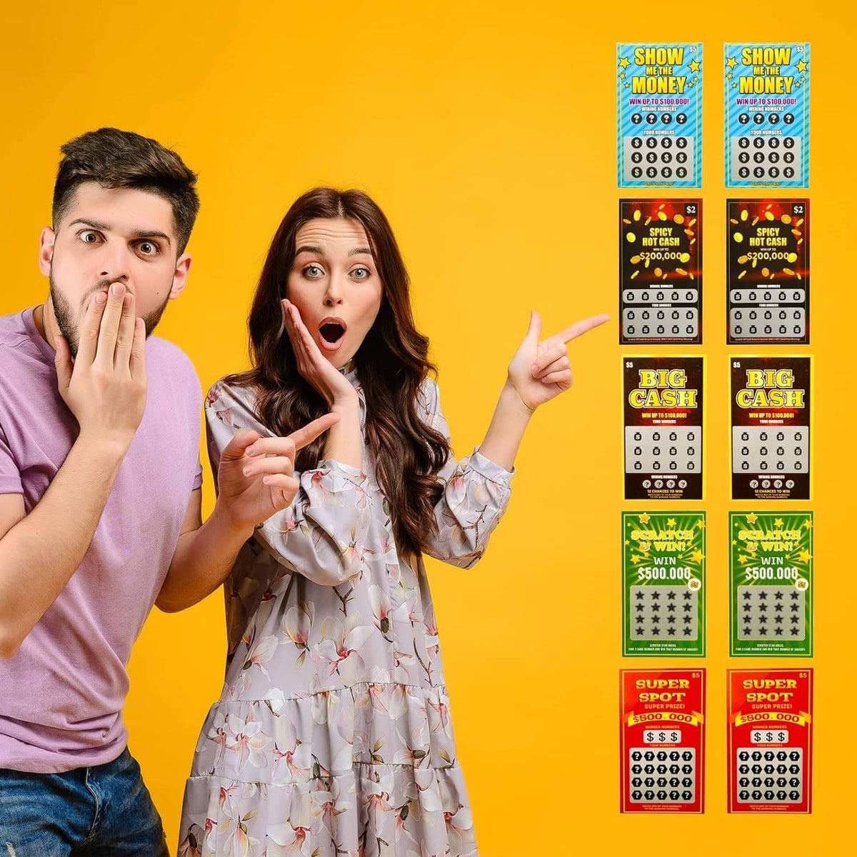 People reacting with wide-eyed expressions while holding scratch-off lottery ticket booklets