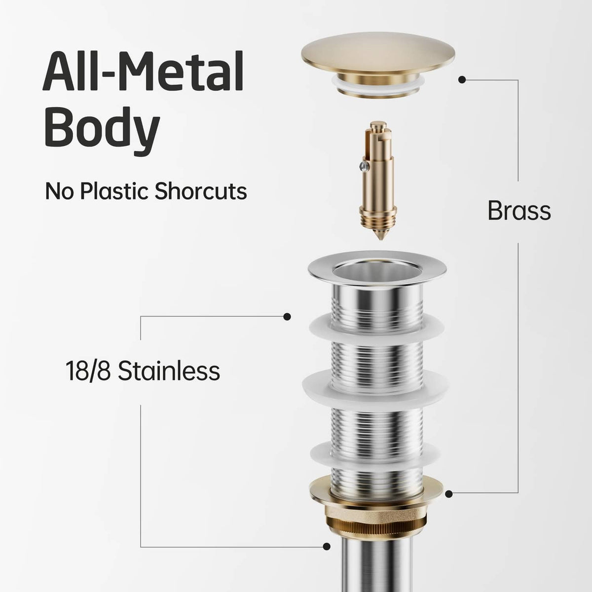 Matte black pop-up sink drain with all-metal body and brass internal components