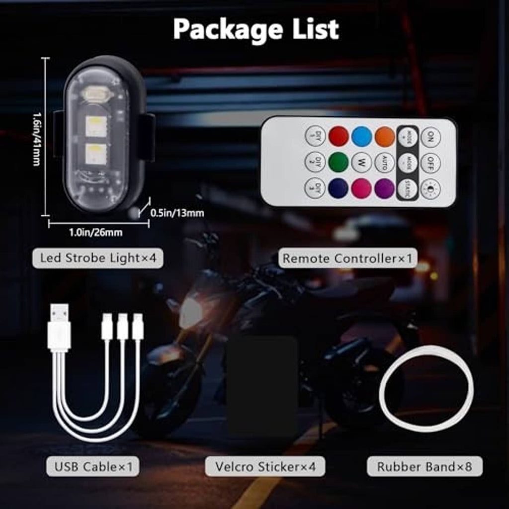 Package contents for LED strobe light set: four lights, remote, USB cable, stickers