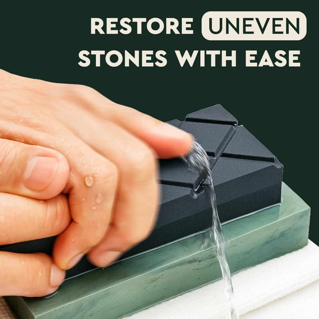 Gray dual-grit flattening stone with diamond groove texture being rinsed with water