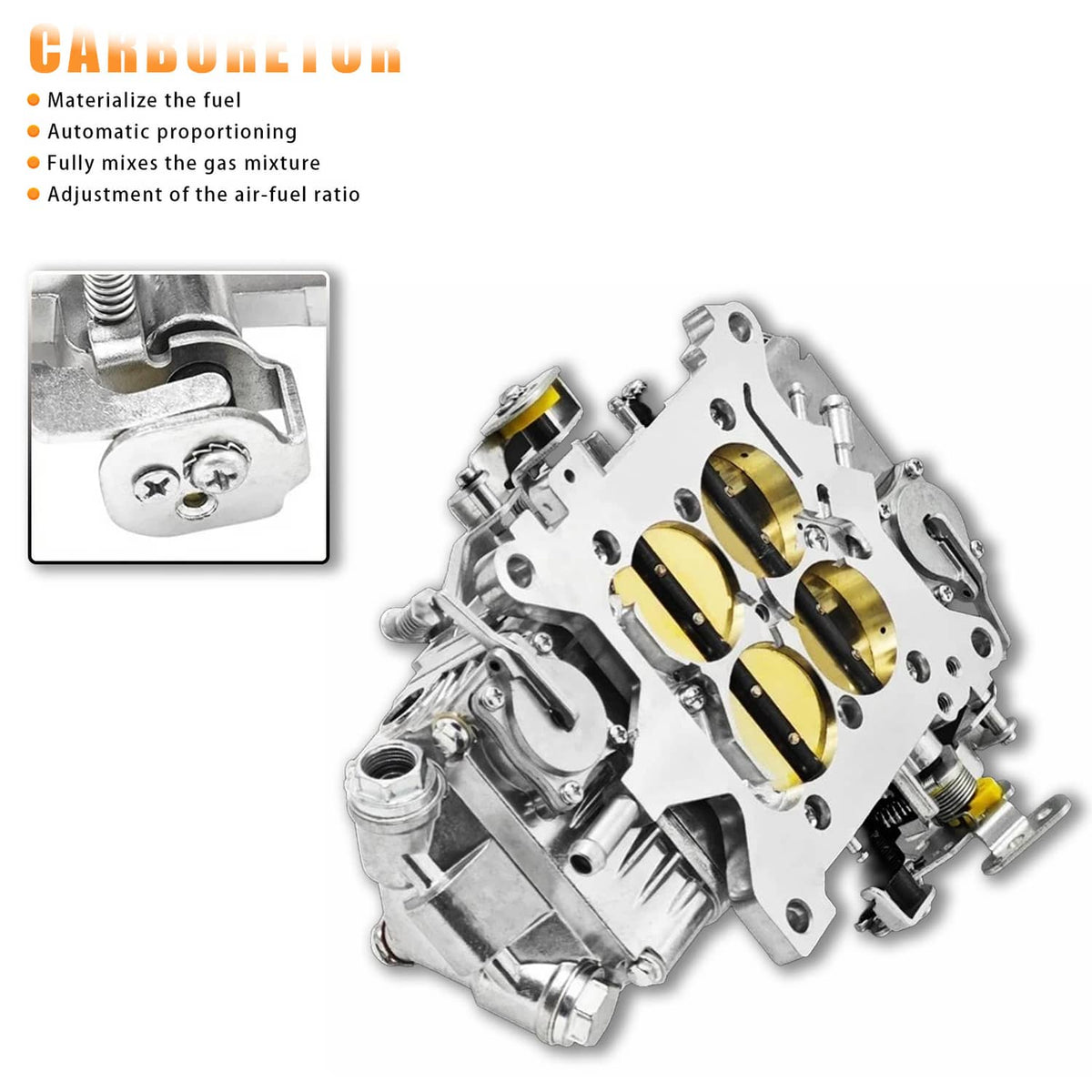 4-barrel carburetor with gold throttle sections and detailed fuel control components