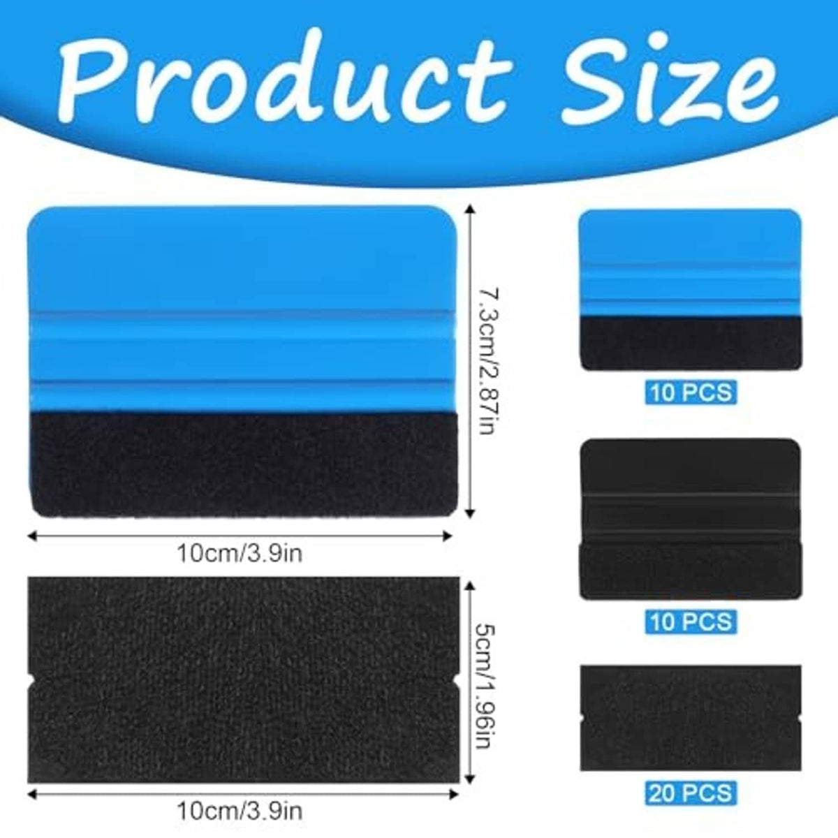 Rectangular blue and black felt vinyl squeegee pads, 4-inch size.