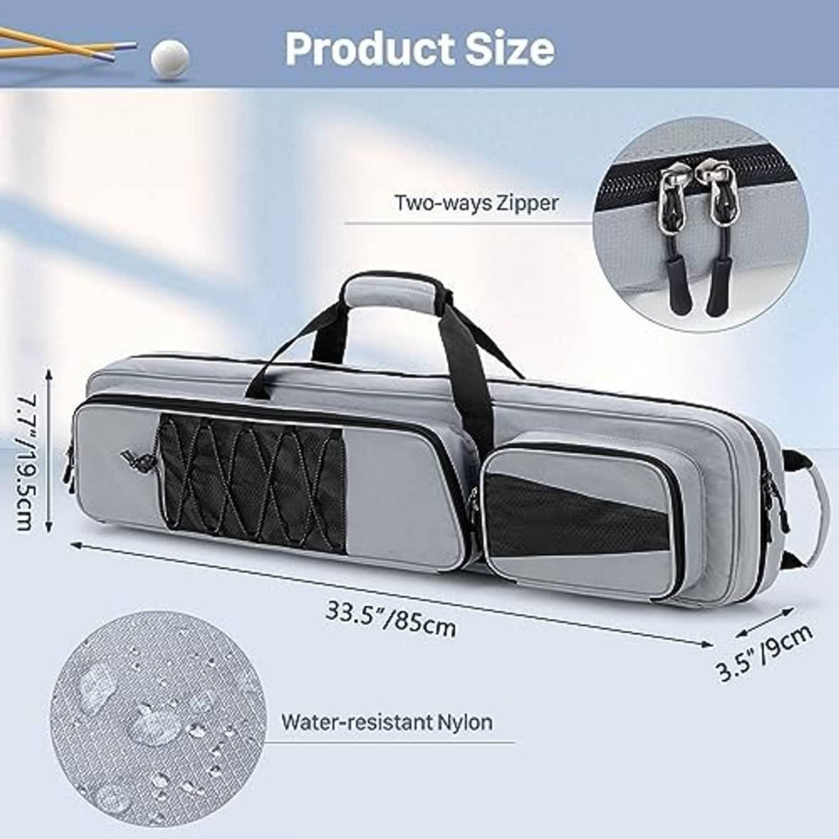 Grey pool cue case with two-way zipper, water-resistant nylon, and top carry handle