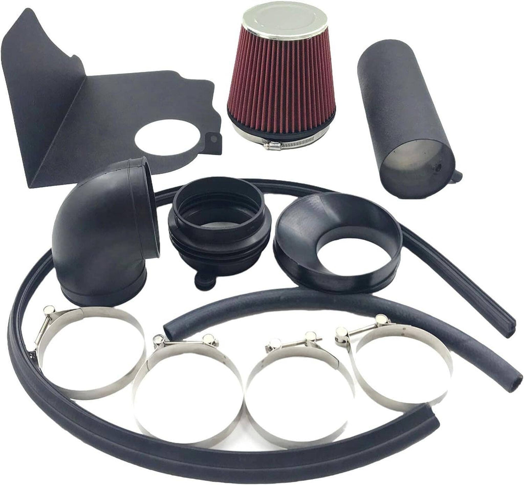 Cold air intake kit components: red cone filter, black hoses, clamps, and heat shields
