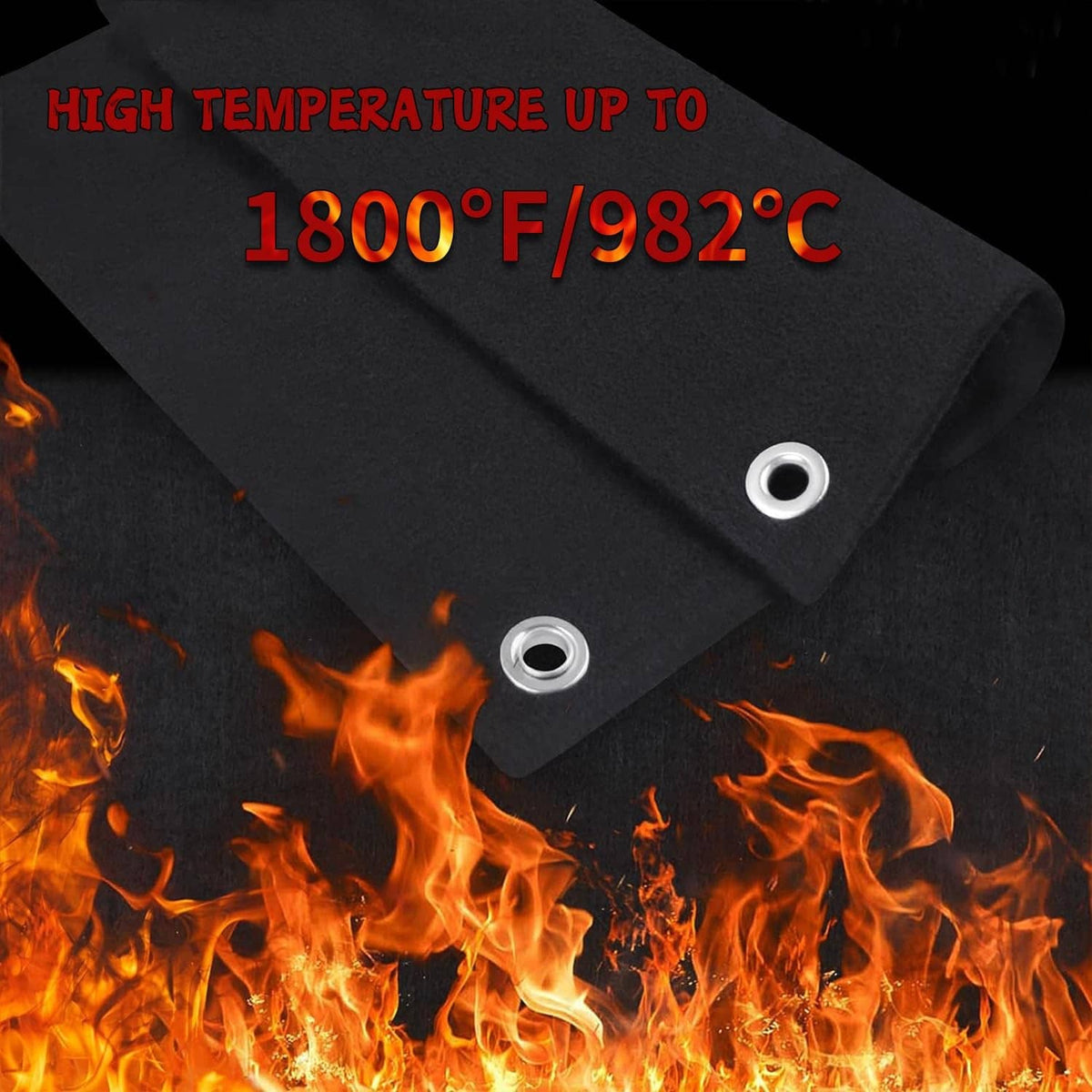 Black fireproof welding blanket corner with metal grommet, surrounded by flames