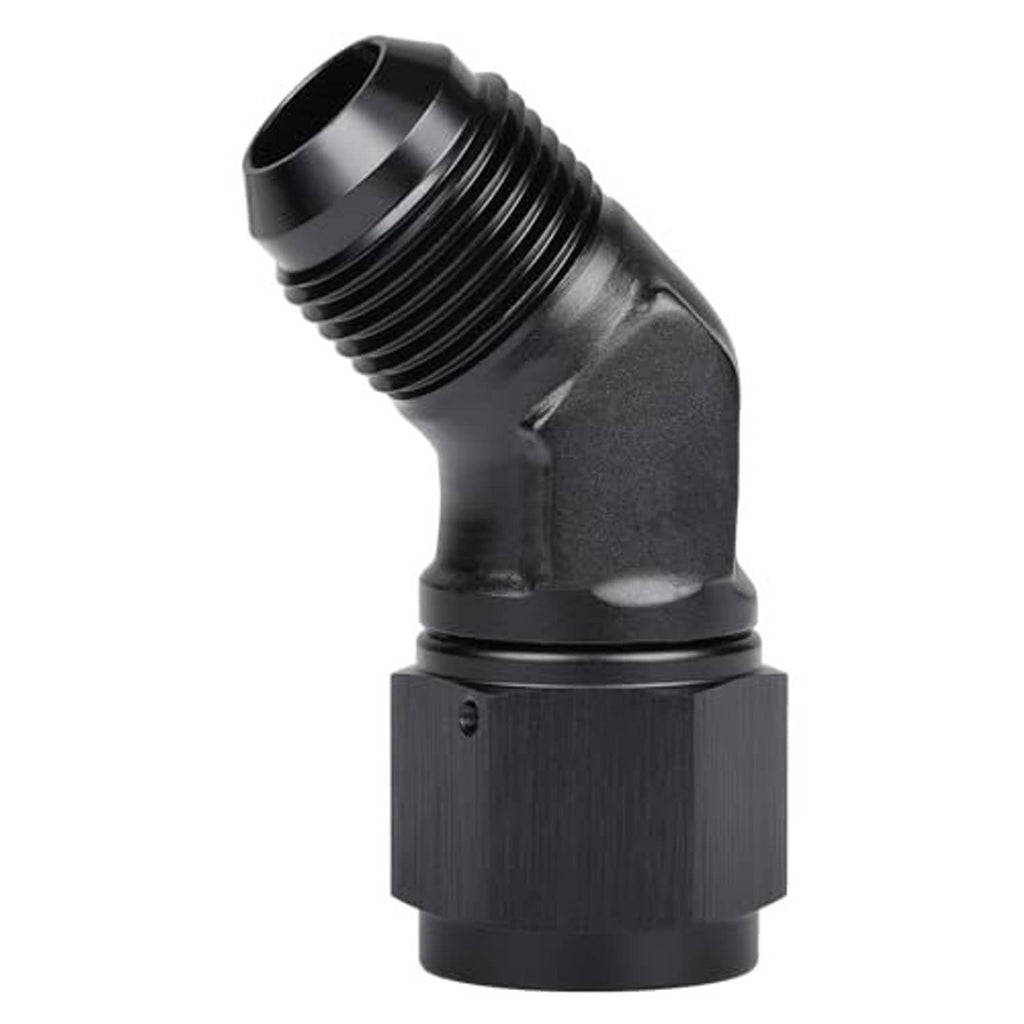 Black 45-degree AN flare swivel elbow fitting, 10AN, angled view with threads
