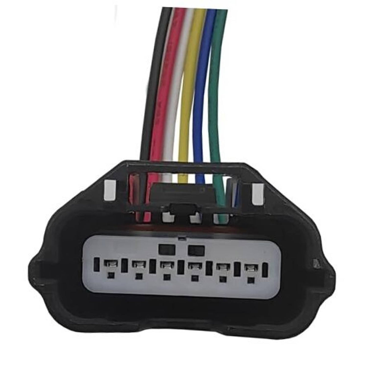Plastic multi-pin wiring harness connector with color-coded lead wires