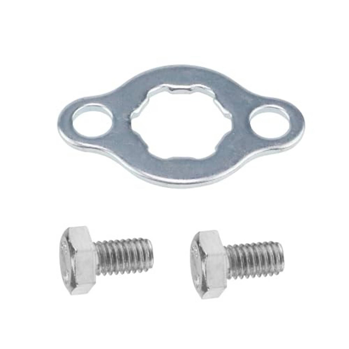 Metal front engine sprocket plate with two hex bolts, 17mm