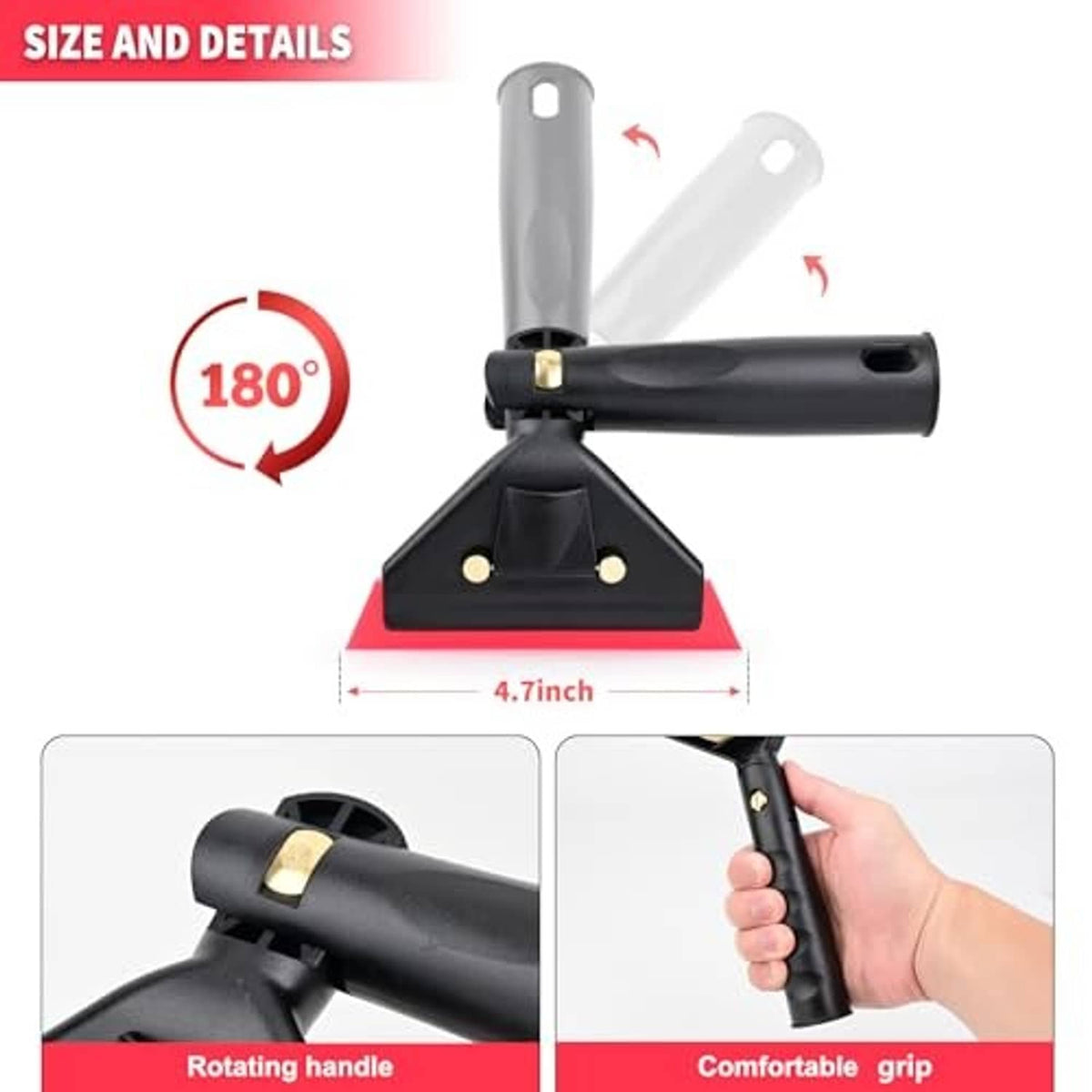 Small swivel squeegee with 180-degree rotating handle and black frame, red blade