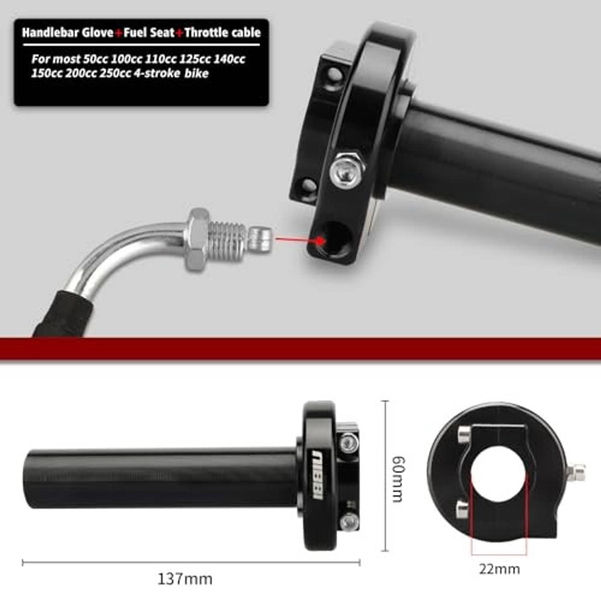 Black twist throttle clamp and textured grip with cable connector hardware