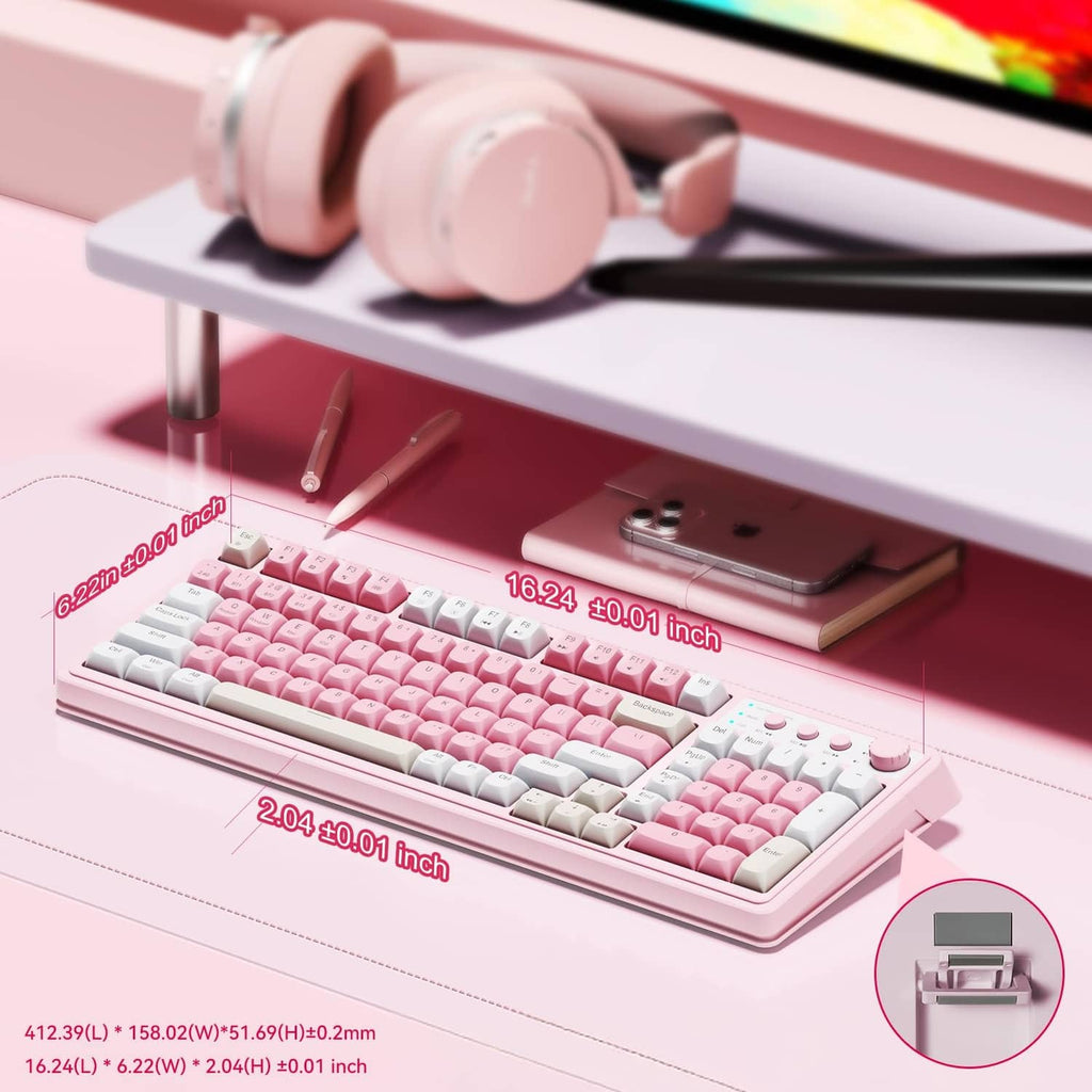 AULA S99 gaming keyboard close-up with pink and white keycaps and multimedia knob