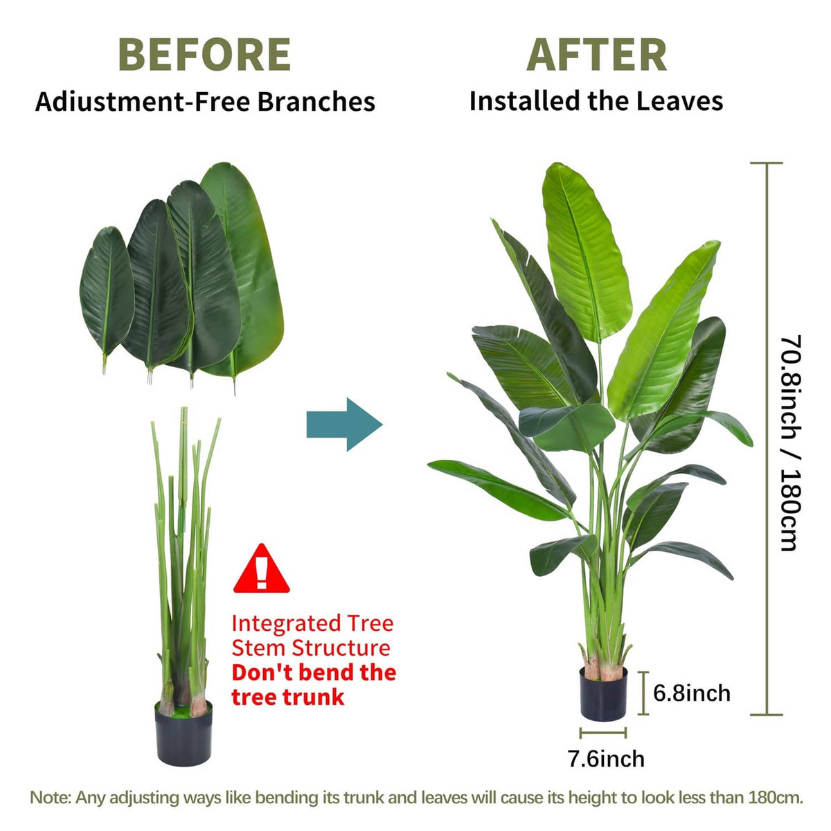 Artificial bird of paradise plant showing installed green leaves on flexible branches, in pot