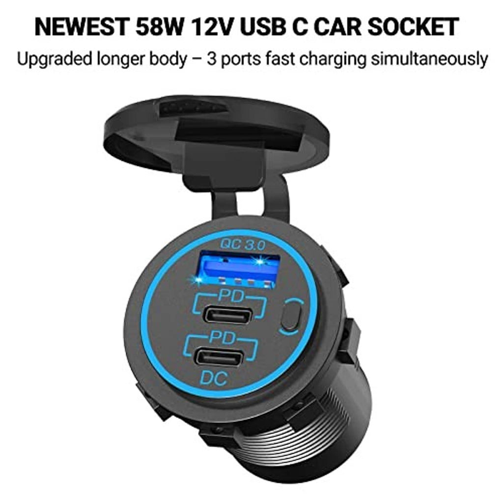 Car 12V USB charger panel with circular blue voltage display and locking mount