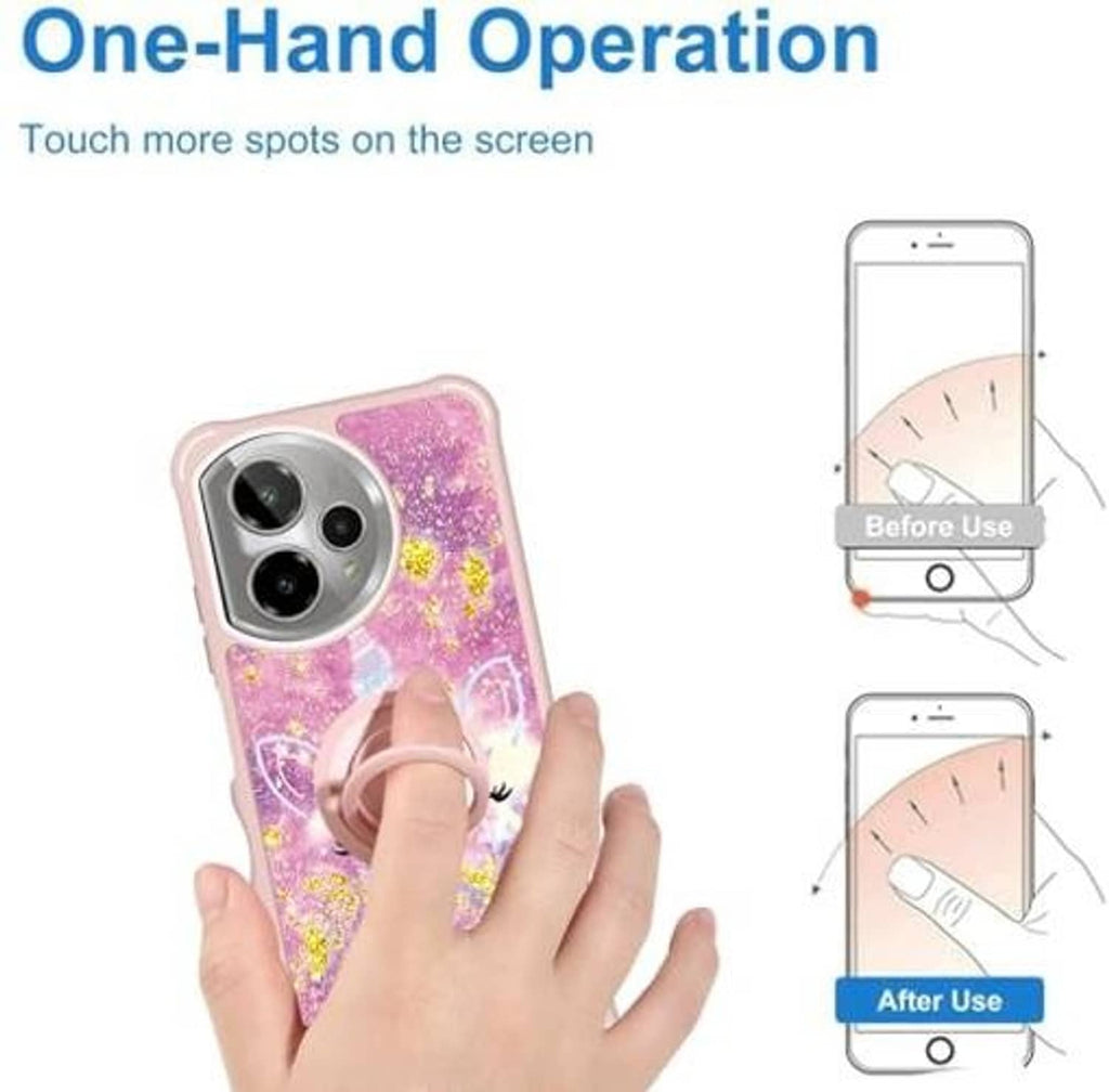 Pink glitter phone case with unicorn art and finger-ring grip for one-hand use