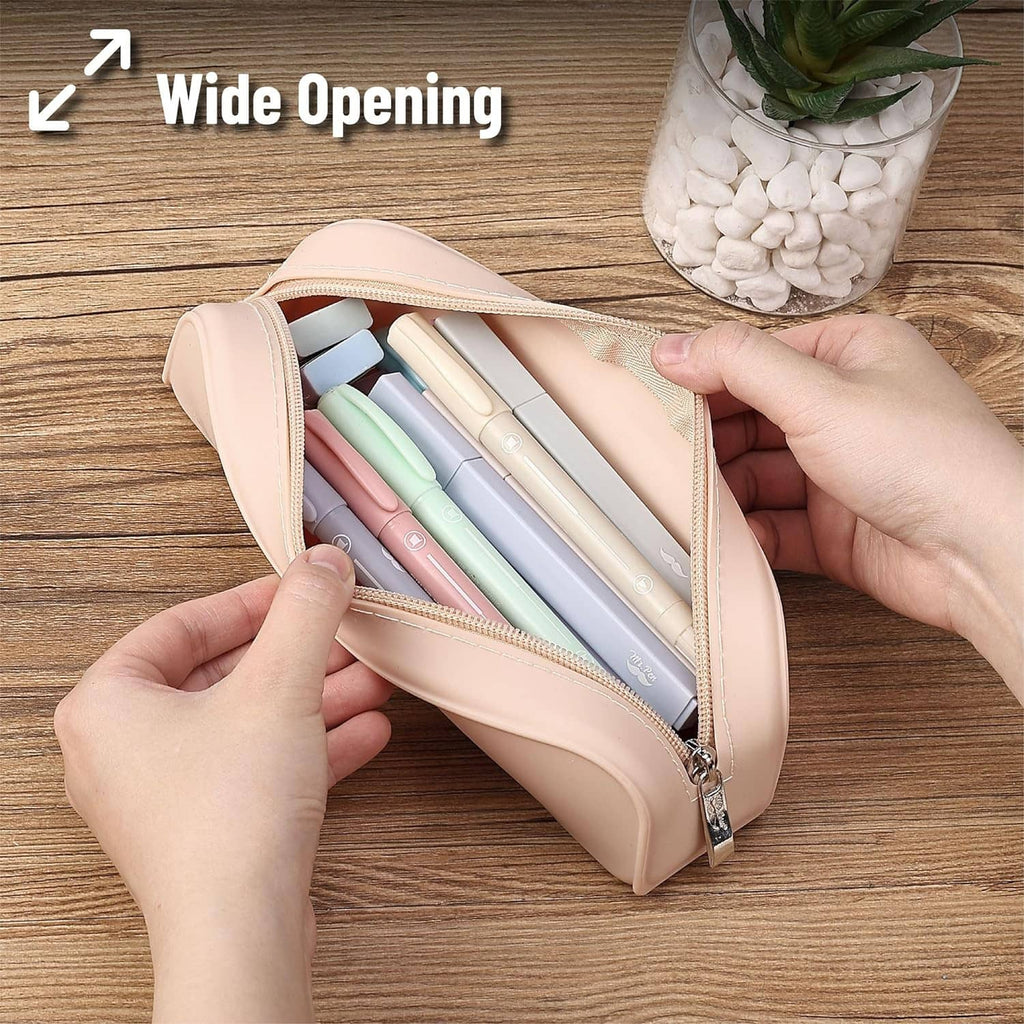Beige pencil case with wide zip opening, holding pens and markers