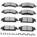 Brake pad kit with multiple gray ceramic-style pads and black mounting clips, 8-piece set