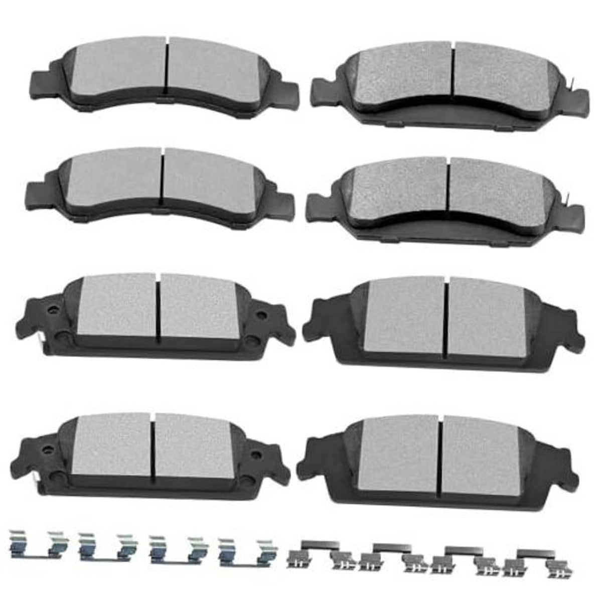Brake pad kit with multiple gray ceramic-style pads and black mounting clips, 8-piece set