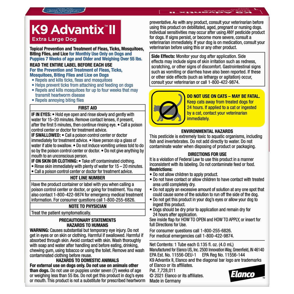 K9 Advantix II extra-large dog treatment box back panel with directions and warnings