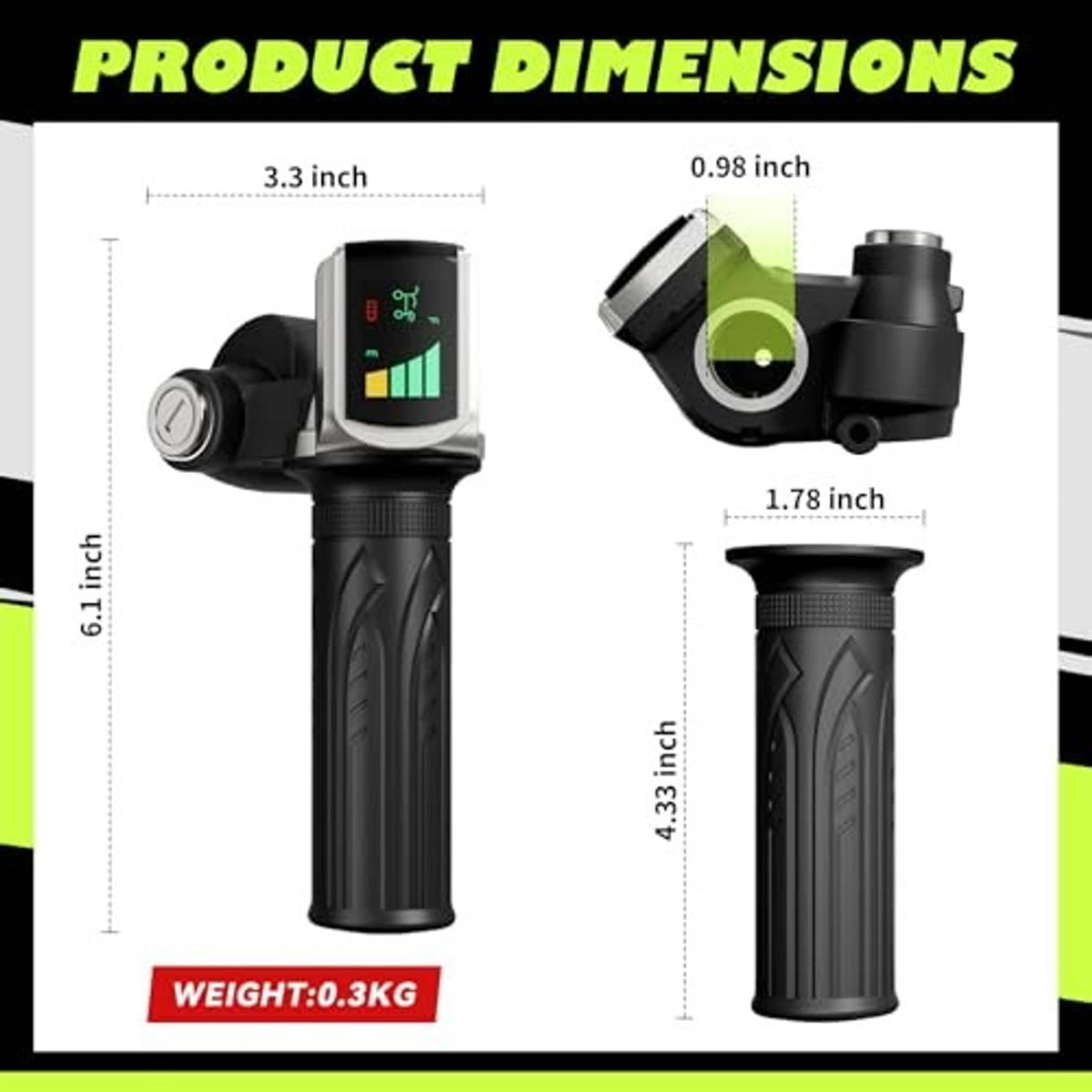 Half-twist e-bike throttle dimensions diagram with black handlebar grip and LED display
