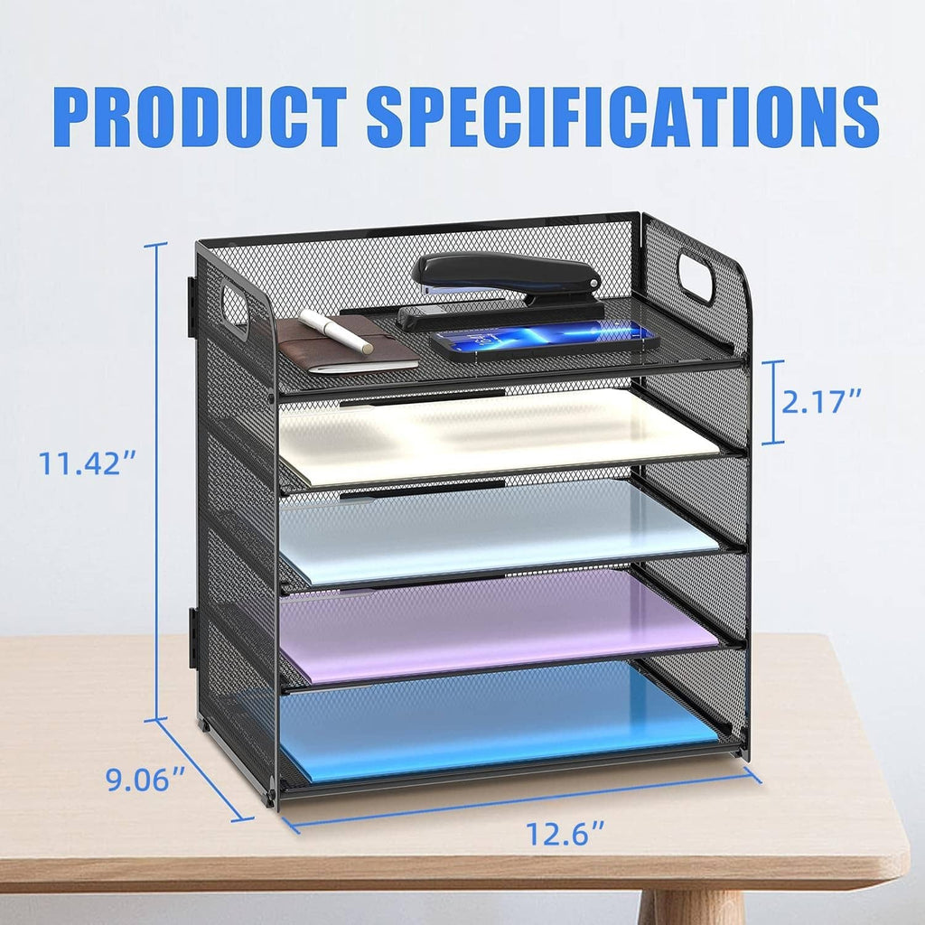 Black mesh 5-tier desk file organizer tray, front view with top handle and open shelves.