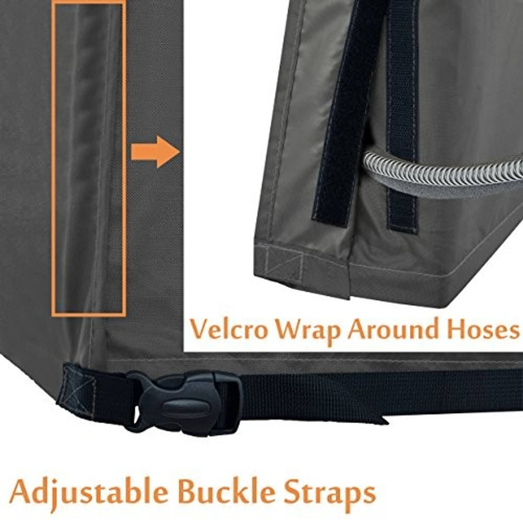 Brown outdoor AC cover corner detail with velcro wrap and adjustable buckle straps.