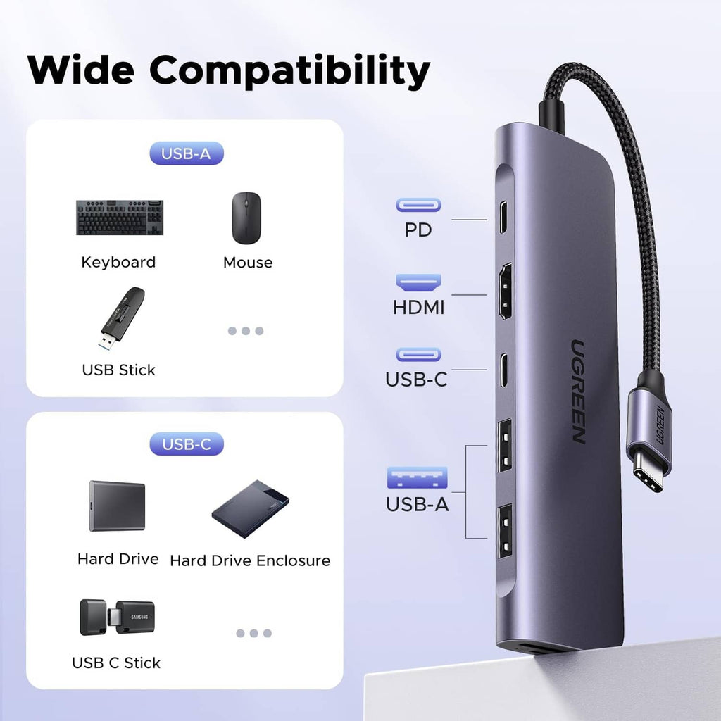 Space gray USB-C hub with USB-A, USB-C, HDMI, and PD ports on the side