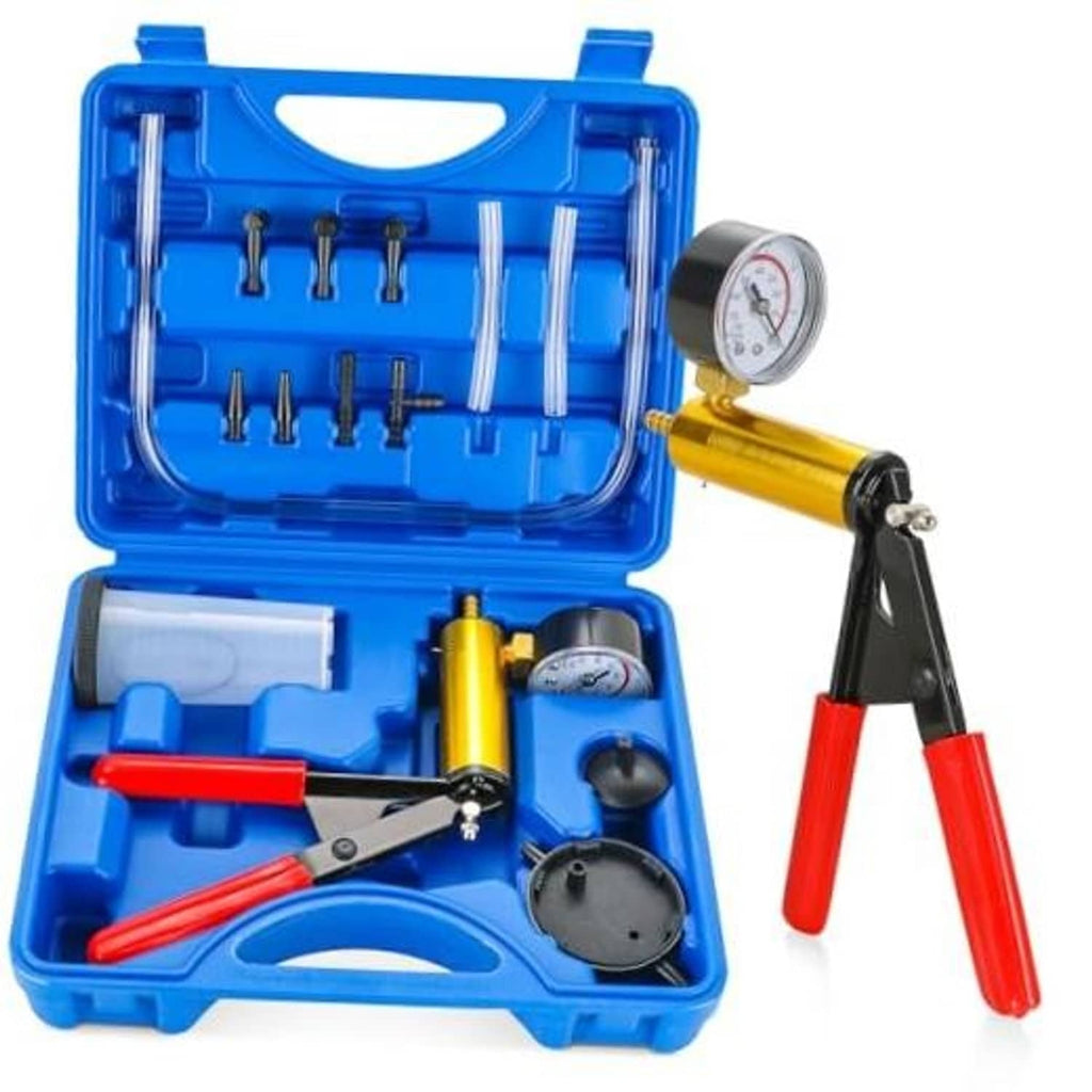 Blue handheld vacuum brake bleeder kit with gauge, hand pump, hoses, and fittings