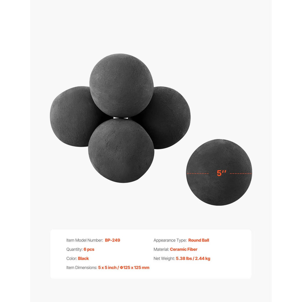 Five black round ceramic fire balls grouped, with one ball shown separately