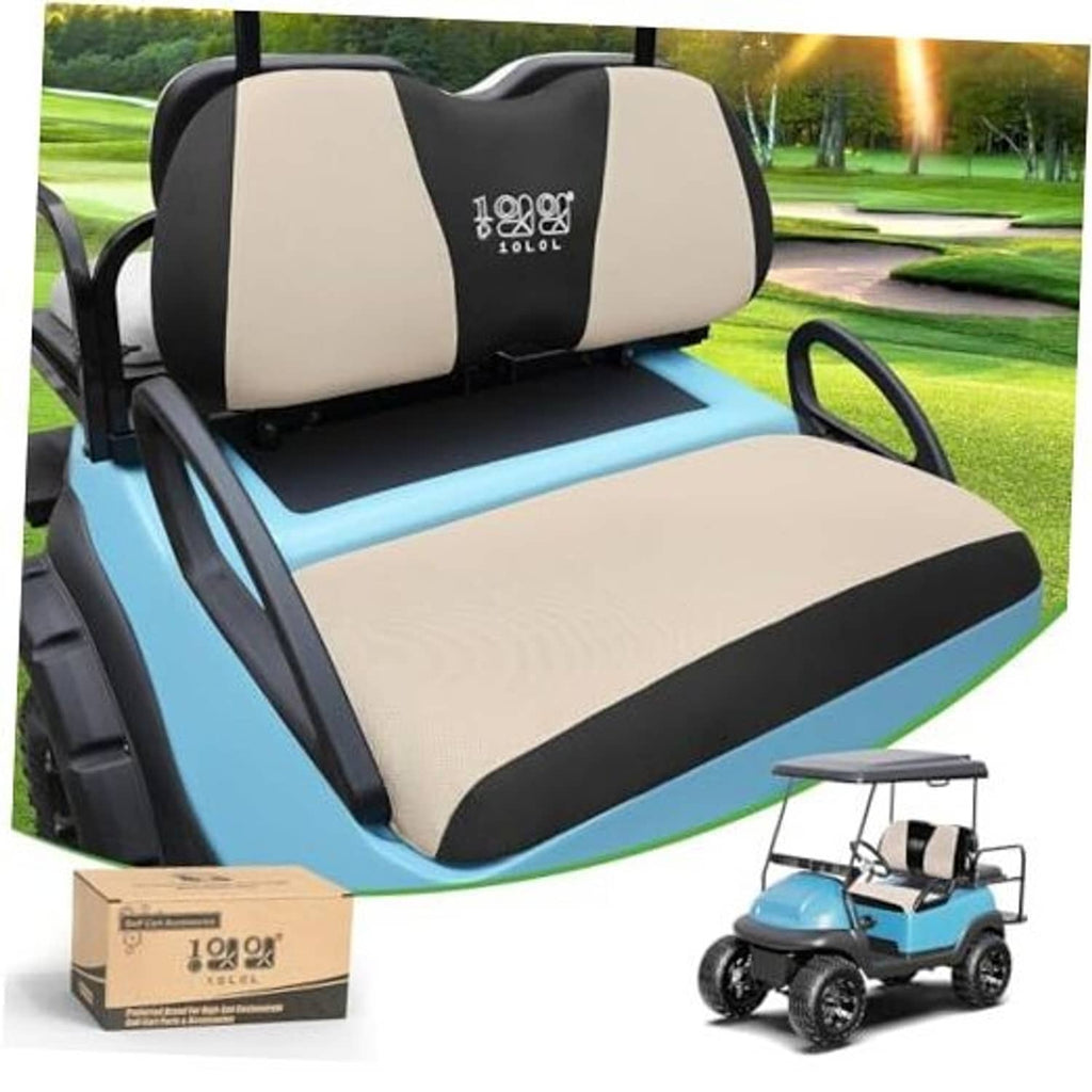Beige and black golf cart front seat cover set with backrest and headrest
