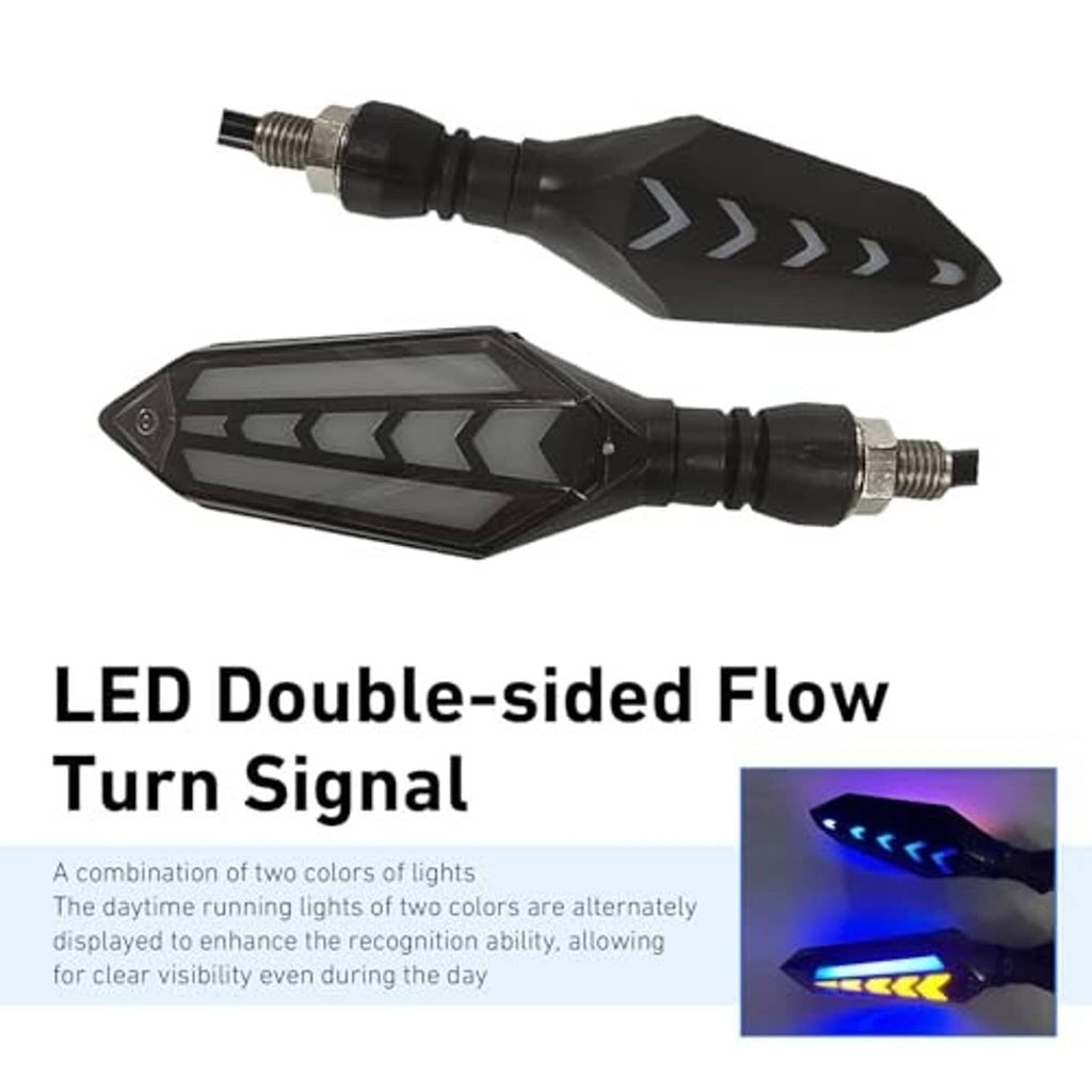 Pair of arrow LED motorcycle turn signals with black housings and visible screw mount threads