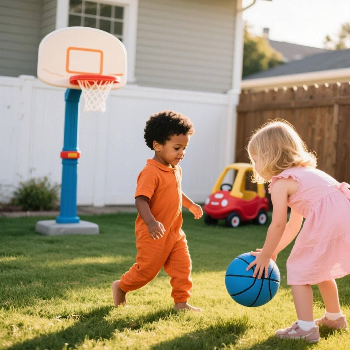 Mini basketballs set in yard play: one orange ball held by a child